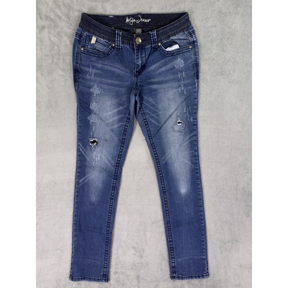 Ariya Jeans Womens 7/8 Blue Straight Slim Embellished Flap Pockets Distressed